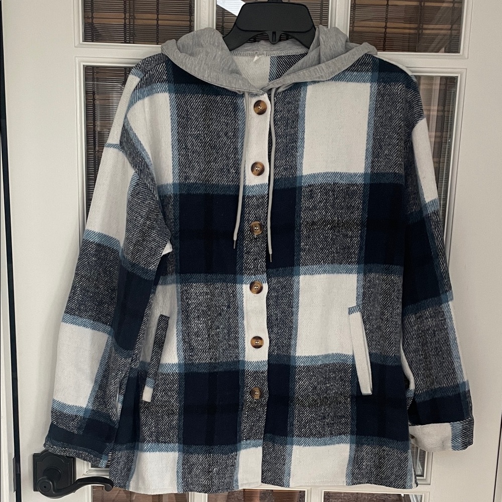 Plaid Hooded Jacket - Blue and Gray